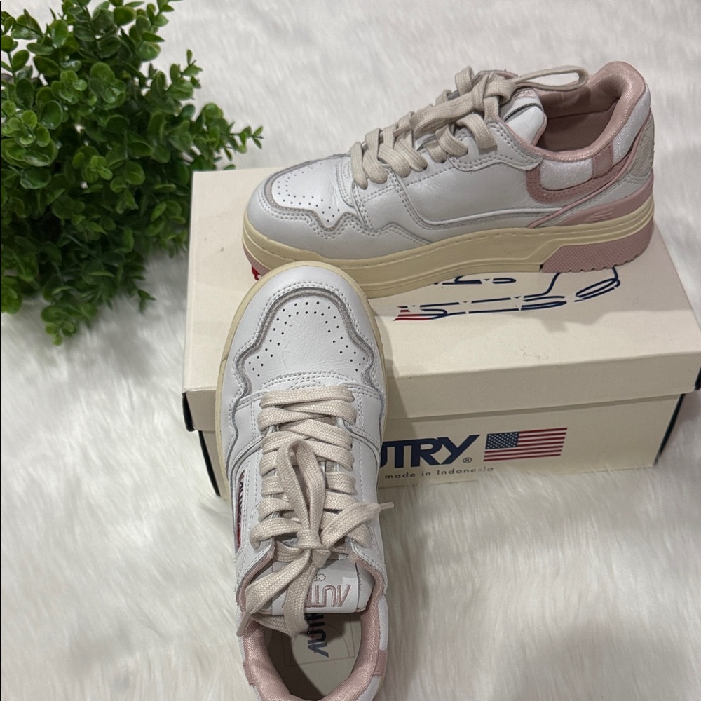 White and Pink Low-Top Sneakers
